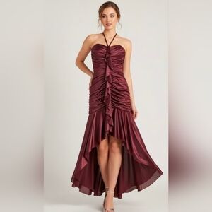 Kiki Vtg Womens High‎ Low Halter Neck Satin Brown Maxi Dress Size L Y2k Wimsical